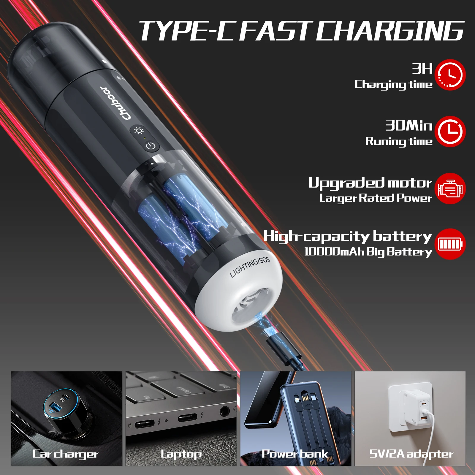 Chuboor aspirador de pó para carro, sucção forte, 16000Pa, função de sopro e inalação, adequado para limpeza de detritos e poeira para casa