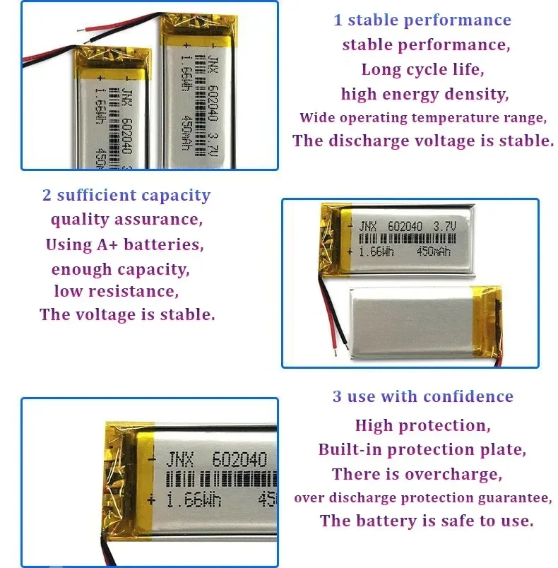 New 602040 3.7V 450mAh Polymer Lithium Battery Cell for Bluetooth Earphone Speaker Electric Toothbrush LED Light Lithium Battery