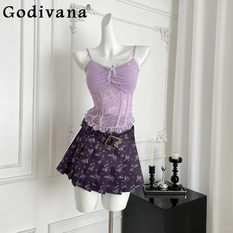 サマーパープルロリータセット レディース 純正オリジナルデザイン セクシー トップスとショートスカートスーツ 女性用スリムプリンセス ツーピース outfits