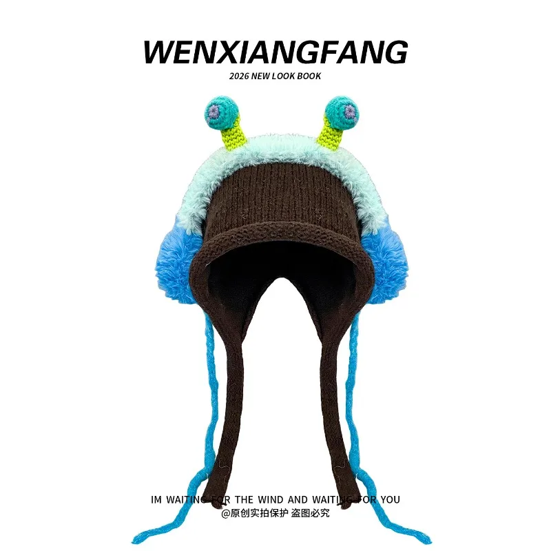 Niedliche, lustige Y2k-Plüsch-Monstermütze, gestrickte Mütze für Damen, Winter, mit Riemen für Wärme und Ohrenschutz, Bomber-Mütze – Detail 4