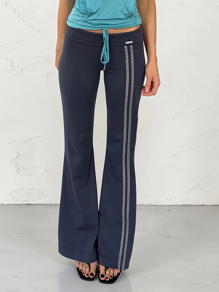 Kliou Stripe Patchwork Straight Pants Woman Autumn Trend Metal Decoration Elastic Waist Daily Casual Fashion Style Long Bottoms