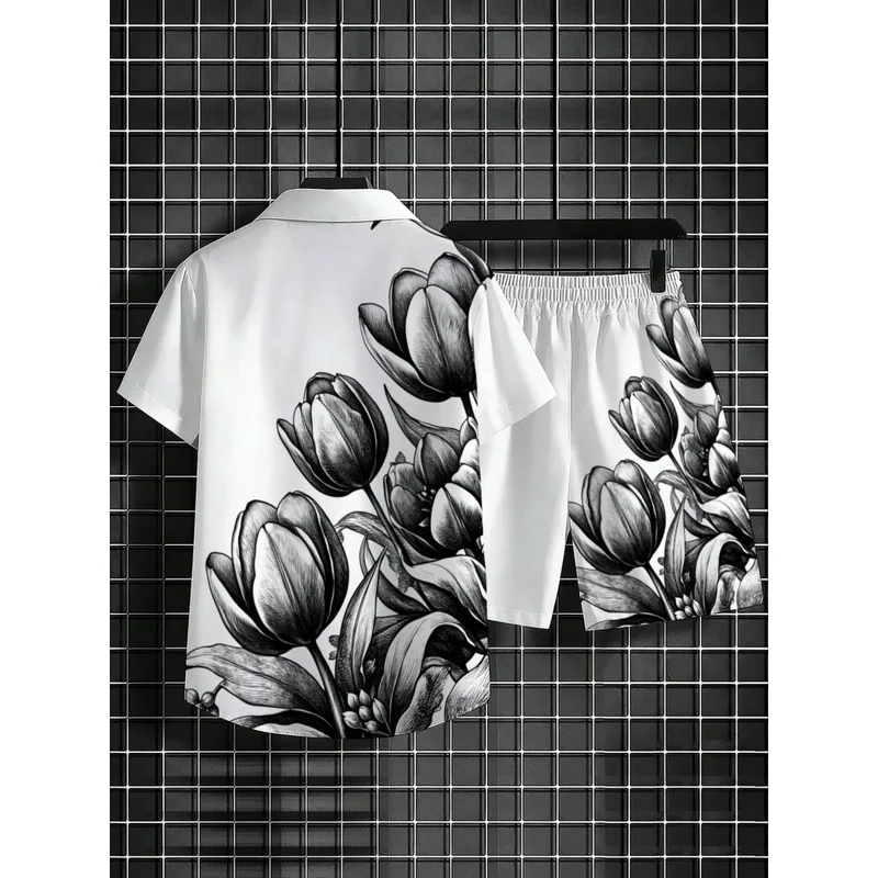 Mens White Floral Print Shirt and Shorts Set Lightweight Beach Outfit with Matching Bottom for Vacation Resort Pool Party Summer view 4