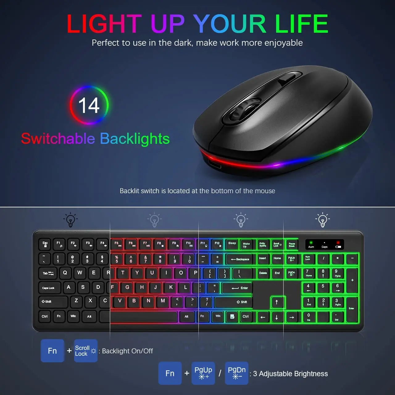 Sleek Wireless Keyboard and Mouse Combo RGB Backlit Rechargeable Ergonomic Quiet Click 2.4GHz for PC Mac Laptop Office Silent