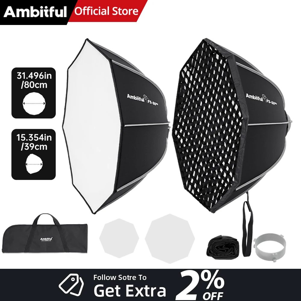 AMBITFUL Octa 80cm Softbox Portable à Montage Bowens, Montage Remplaçable, Grille Incluse, Montage Rapide, Softbox Octogonale