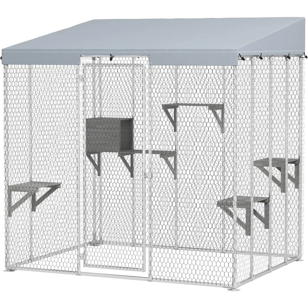 

79" Large Catio Outdoor Cat Enclosure, Galvanized Steel Outdoor Cat House with 420D Waterproof Canopy for 1-3 Large Cat, Walk-i