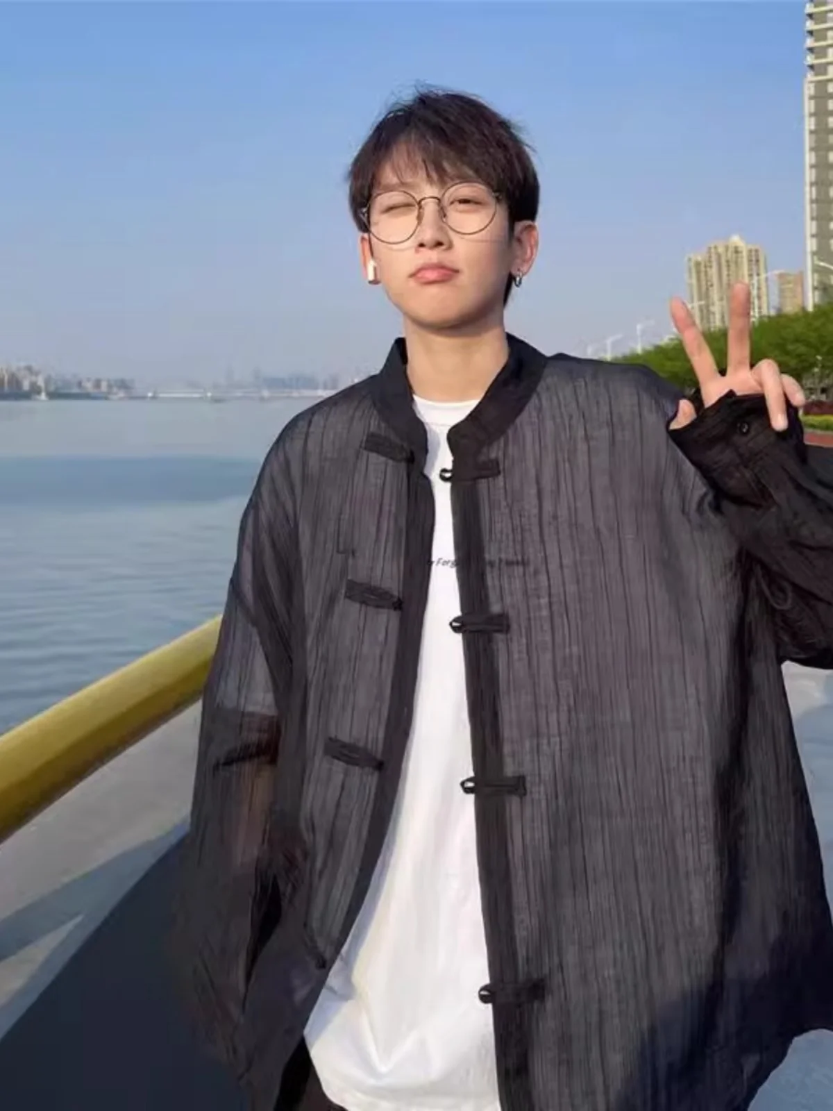 

Мужская летняя тонкая рубашка с длинным рукавом, защита от солнца, китайские пуговицы, особо большой размер, модный бренд, верхняя одежда