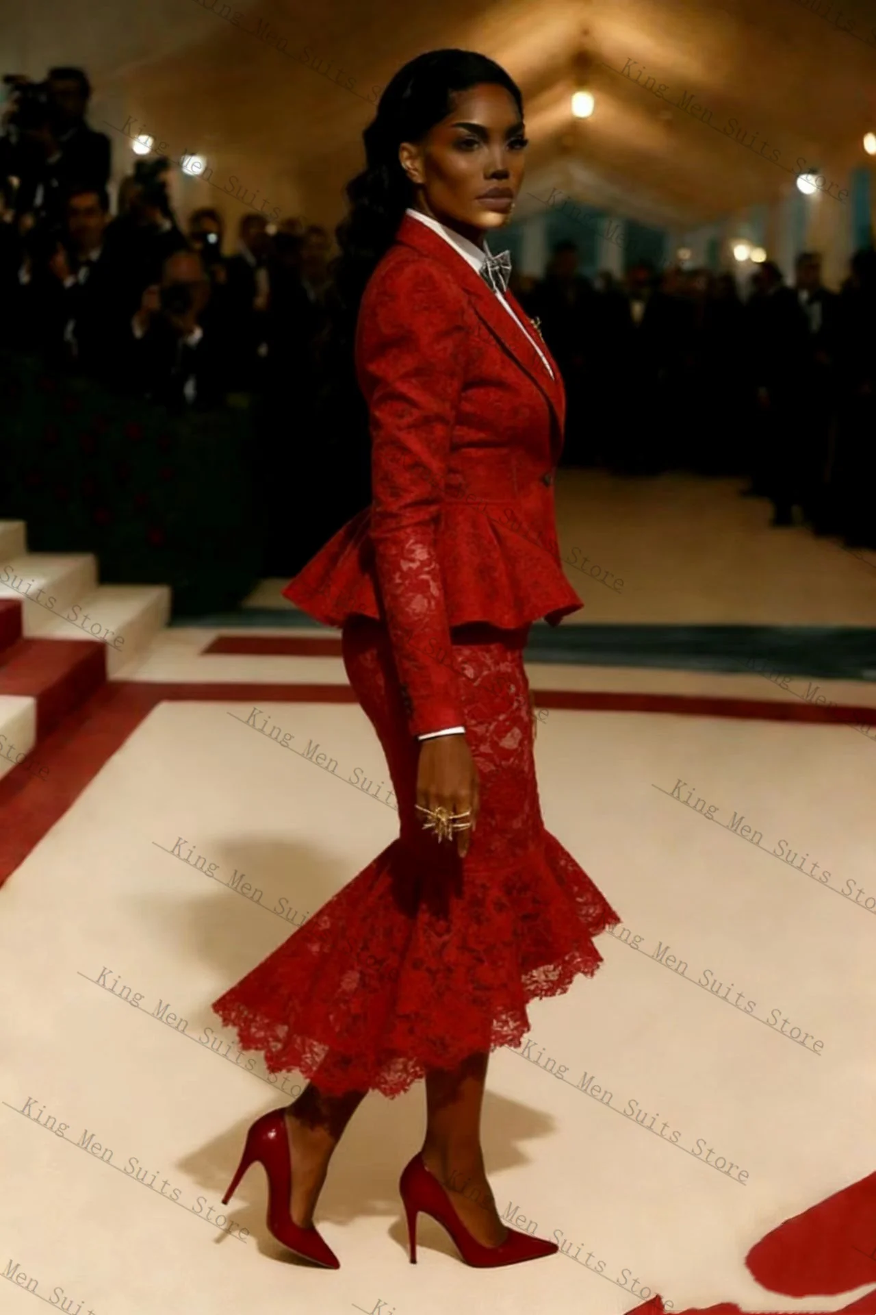 

Red Lace Women Suit Set 2 Pcs Blazer+Mermaid Prom Dress Autumn Spring Cotton Customized Formal Guest Wedding Tuxedos Coat Jacket