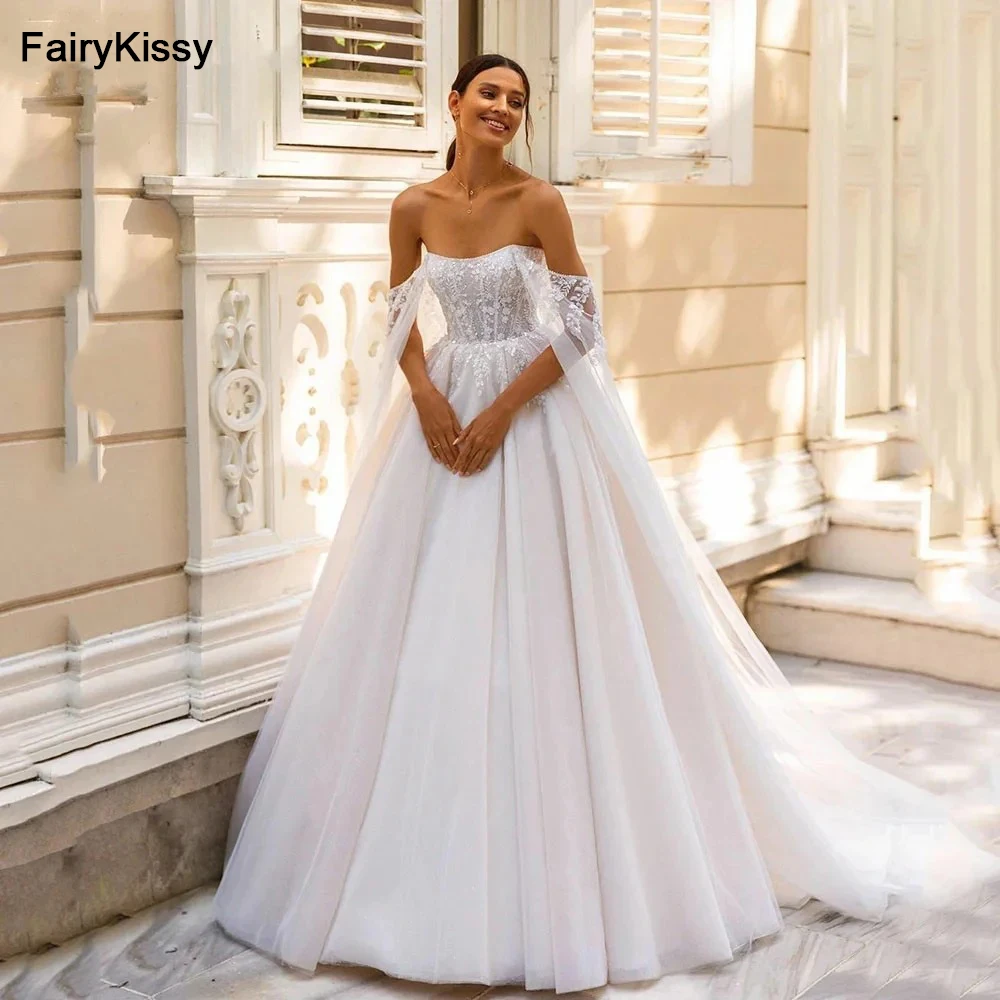 

FairyKissy Romantic Wedding Dresses For Women Classic Boat Neck Bridal Gowns Off Shoulder Robe Appliques Vestidos De Novia