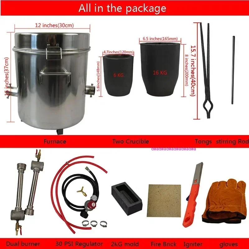 16 KG Large Gas Metal Melting Furnace Kit 2642°F / 1450°C Propane Forge Dual Burner 2 Crucibles Foundry Home Kiln Casting Tools