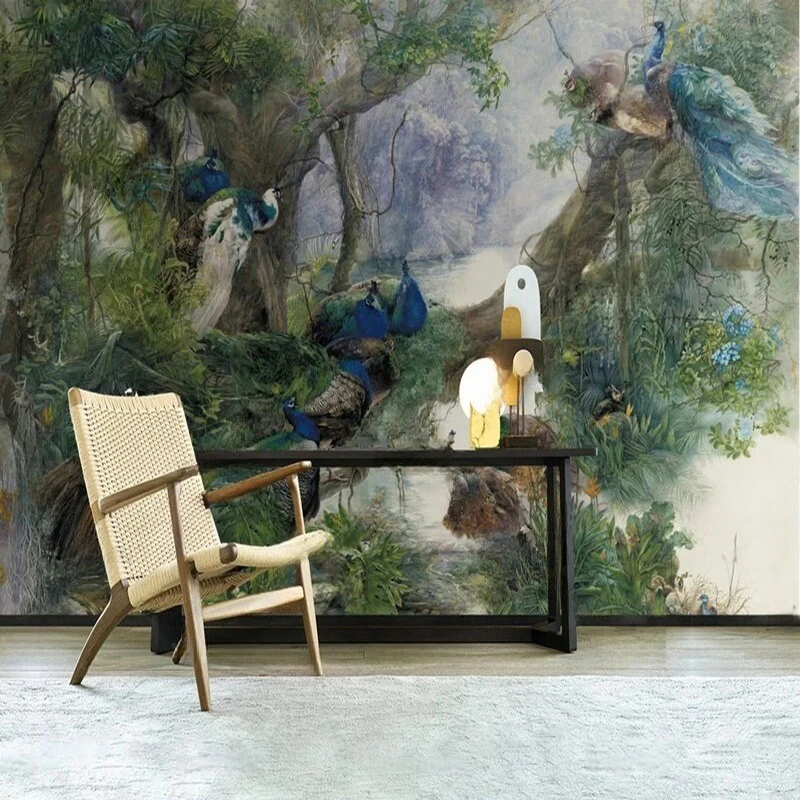 MU8962  TV background wall featuring a magnificent scene of colorful peacocks perching in the forest