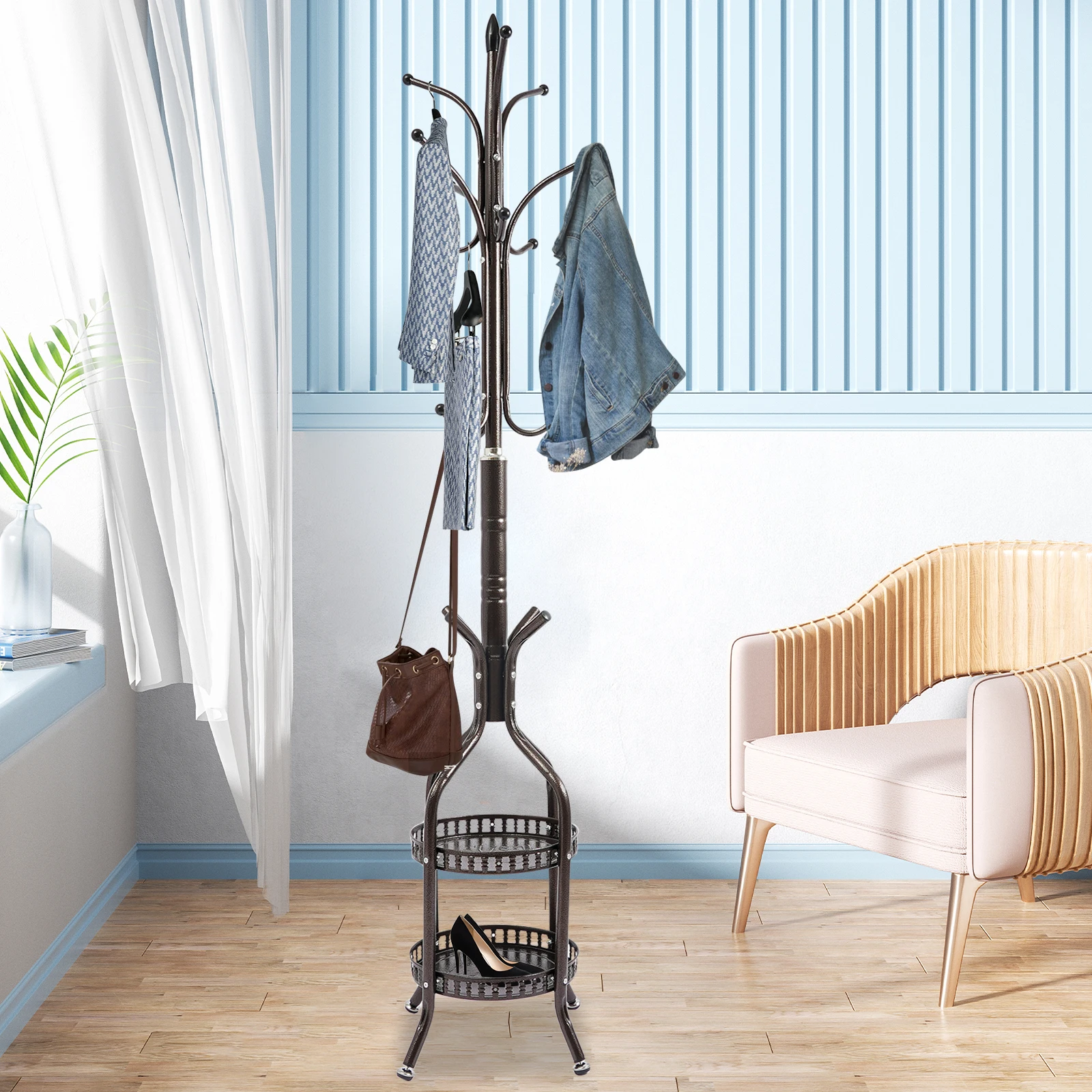 

Double Layer Round Coat Rack, Multi-functional Bronze Hanger Stand, Durable Iron Garment Organizer for Entryway & Bedroom