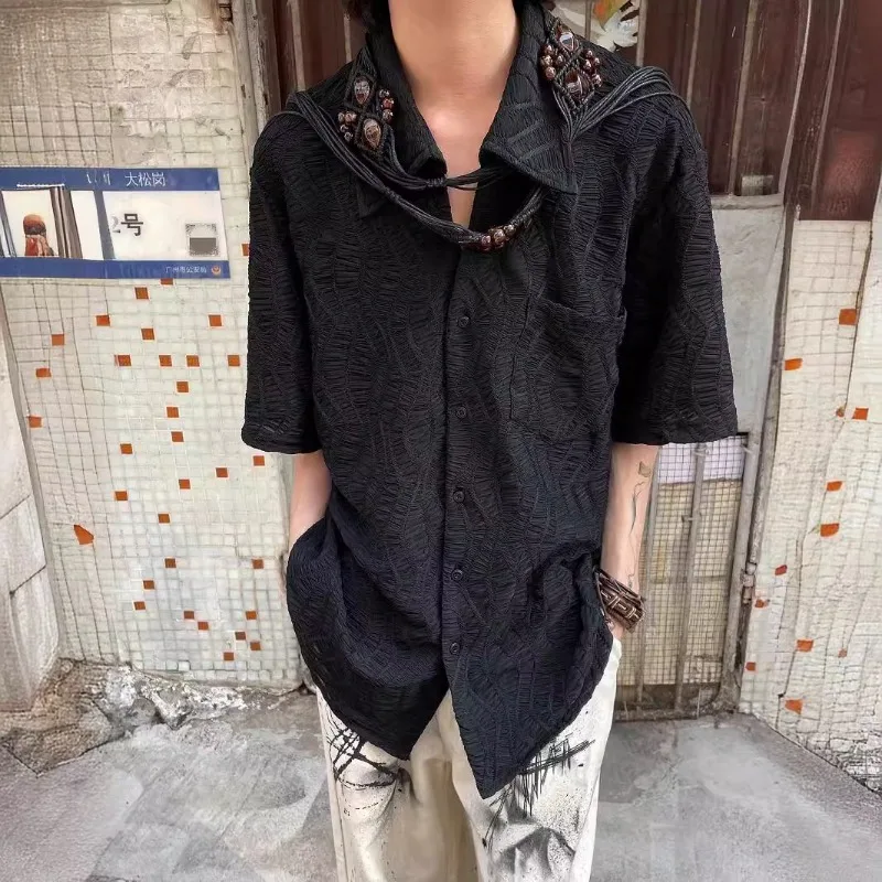 

2026 Pleated Non-ironing Black Short-sleeved Shirt Men's Niche Design Jacquard Personalized Loose Casual Cardigan Jacket
