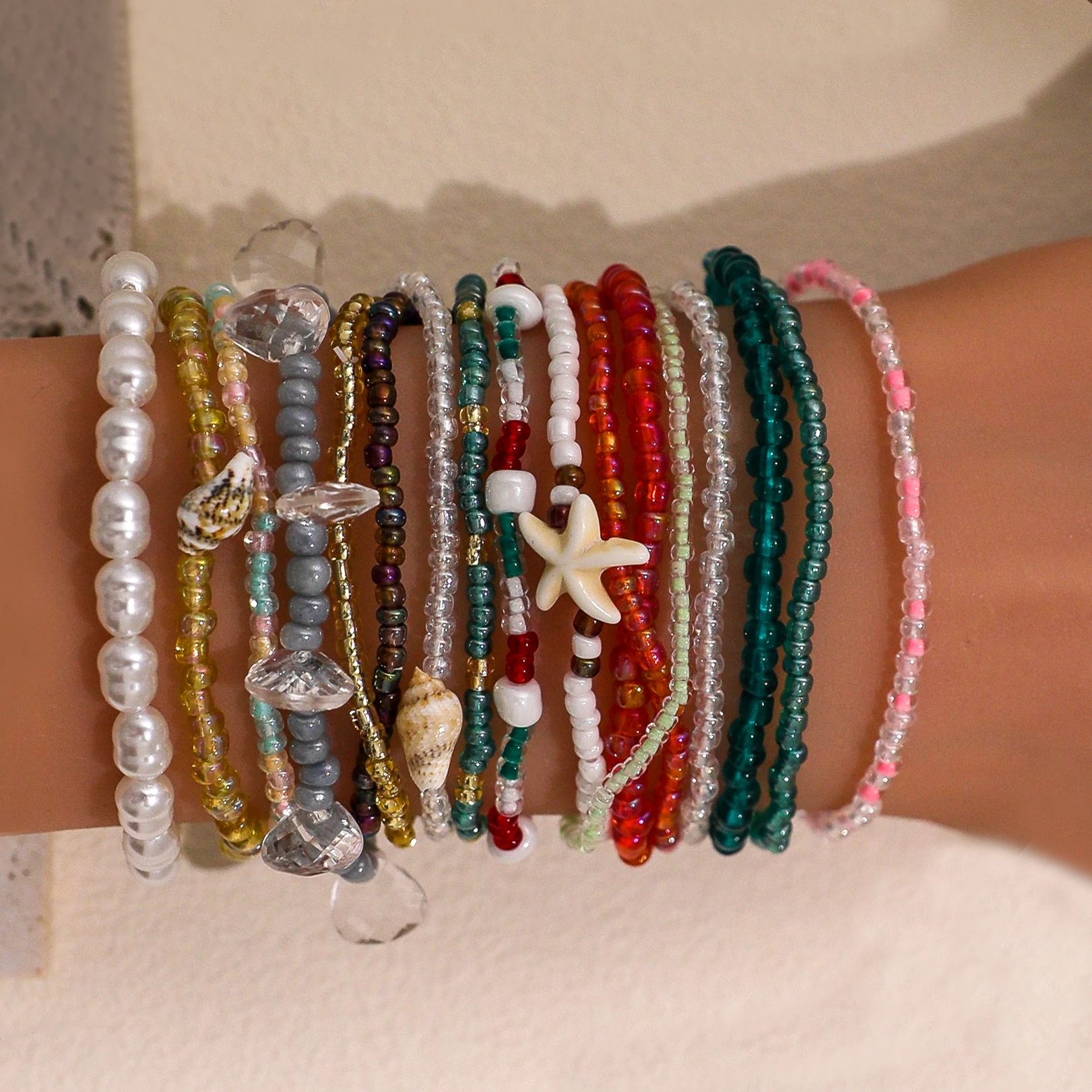 17pcs/set Elastic Beaded Bracelets Bohemian Colorful Rice Beads Chain Bangle Girls Summer Beach Party Vacation Jewelry