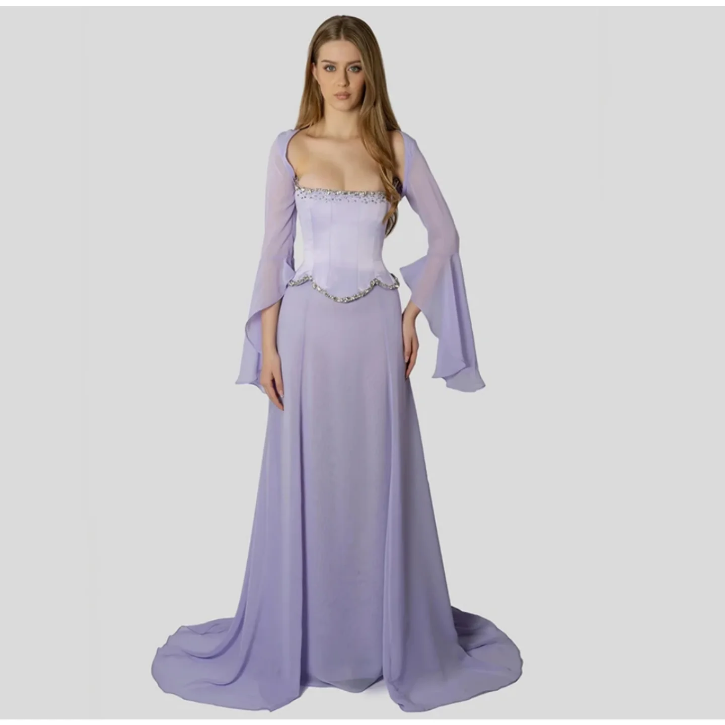 Vestido de Noche Elegante de Lujo Color Lila con Dos Piezas y Mangas Abullonadas, Vestido de Fiesta de Boda para Mujer, Estilo Árabe Personalizado