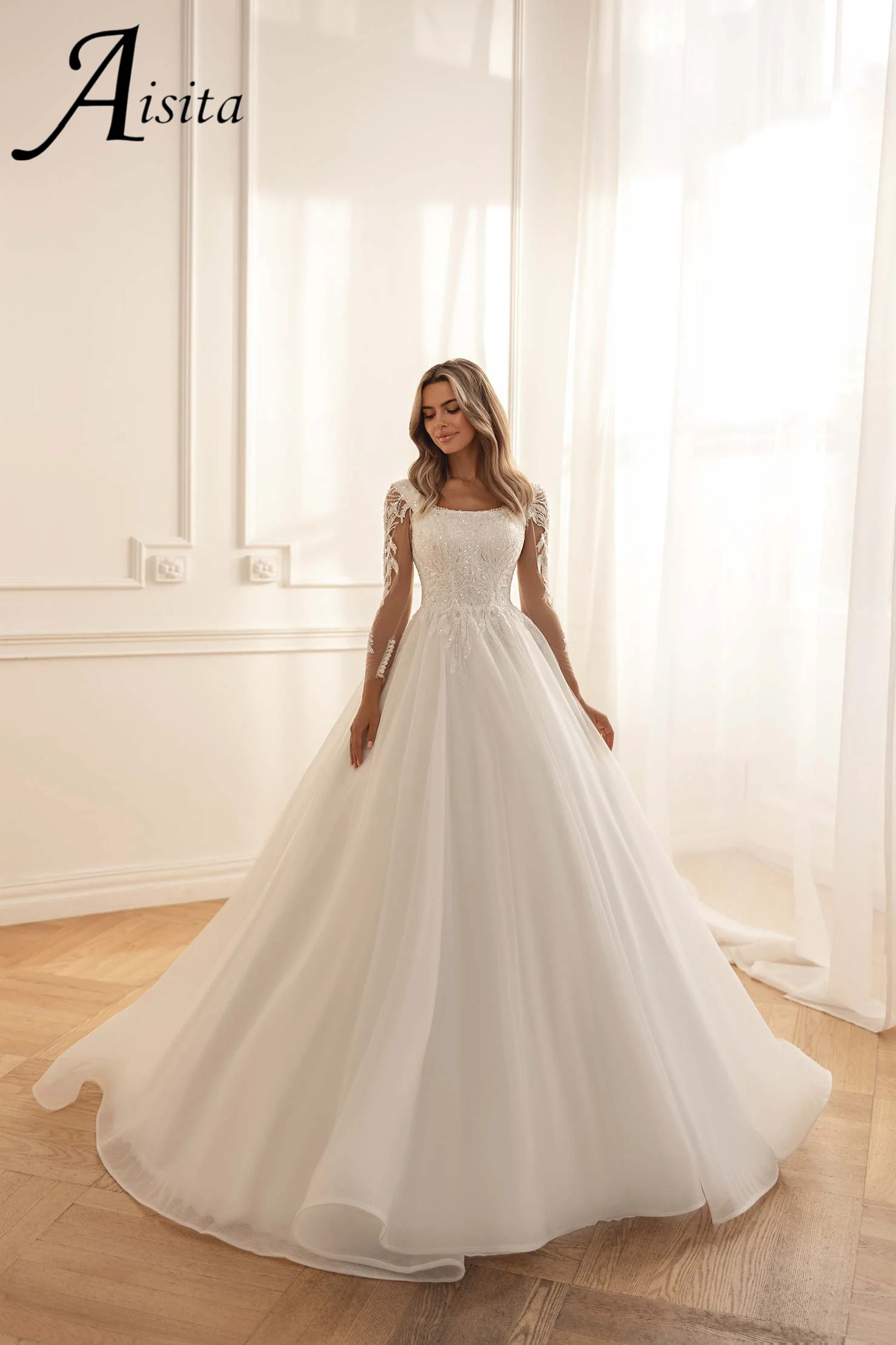 Customized Exquisite Wedding Dress Sheer O-Neck Lace Beaded Applique Illusion Long Sleeves A-Line Bride Dress Vestidos De Noiva