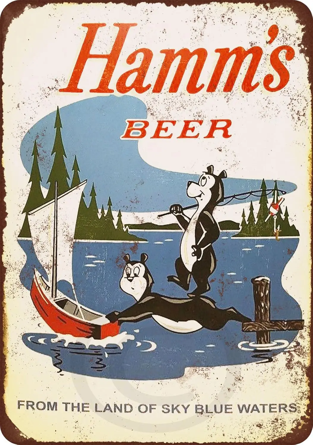 1956 Hamms Beer Bears Fishing Reproduktion Metallschild aus Aluminium