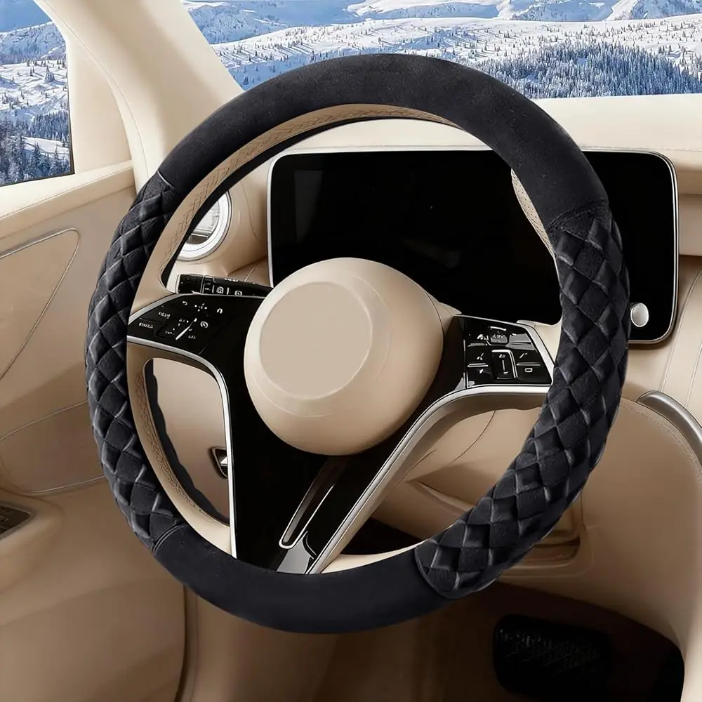 

Black Diamond Patterned Plush Steering Wheel Cover, for Universal Auto Steering Wheel 14.5-15 in, Short Fluffy, Anti-Slip, So