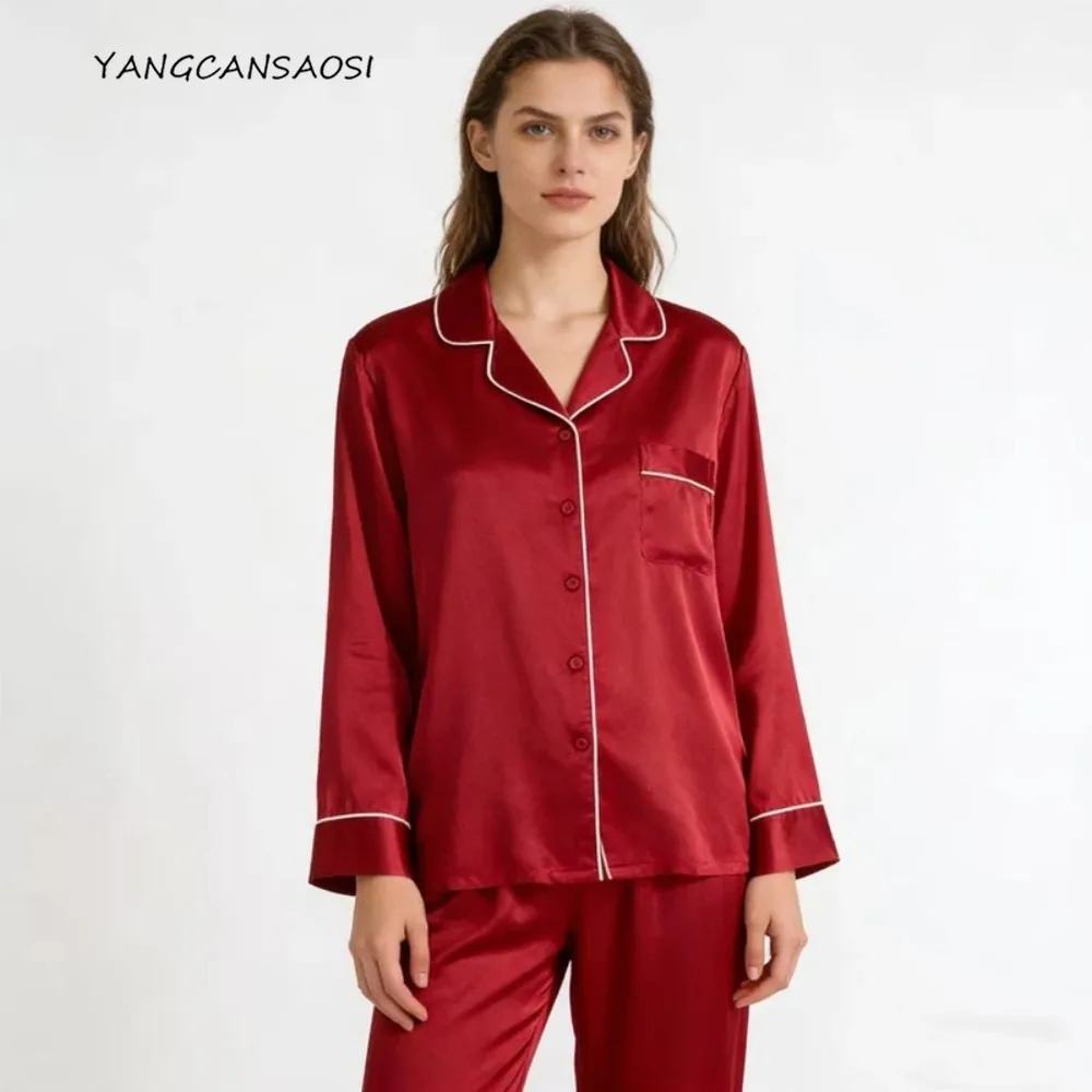 

2025 Women's Fashion New 100% Natural Mulberry Silk Plain Satin Solid Ins Style Loose Versatile Simple Long Pants Pajamas Set