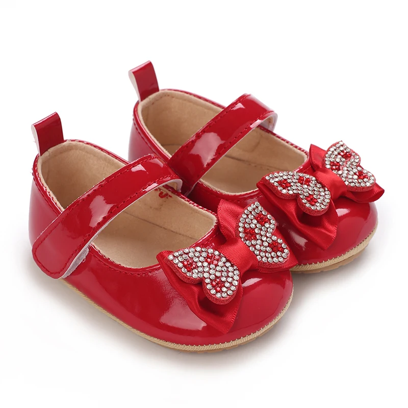 Red classic PU leather girl bow princess flat shoes with anti slip rubber sole walking newborn baby crib dress shoes 0-18M