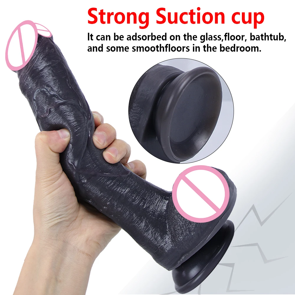 9.4 Inch Black Skin Realistic Dildo with Powerful Suction Cup Huge Penis Sex Toy Flexible G-spot Soft Dick Curved Shaft and Ball