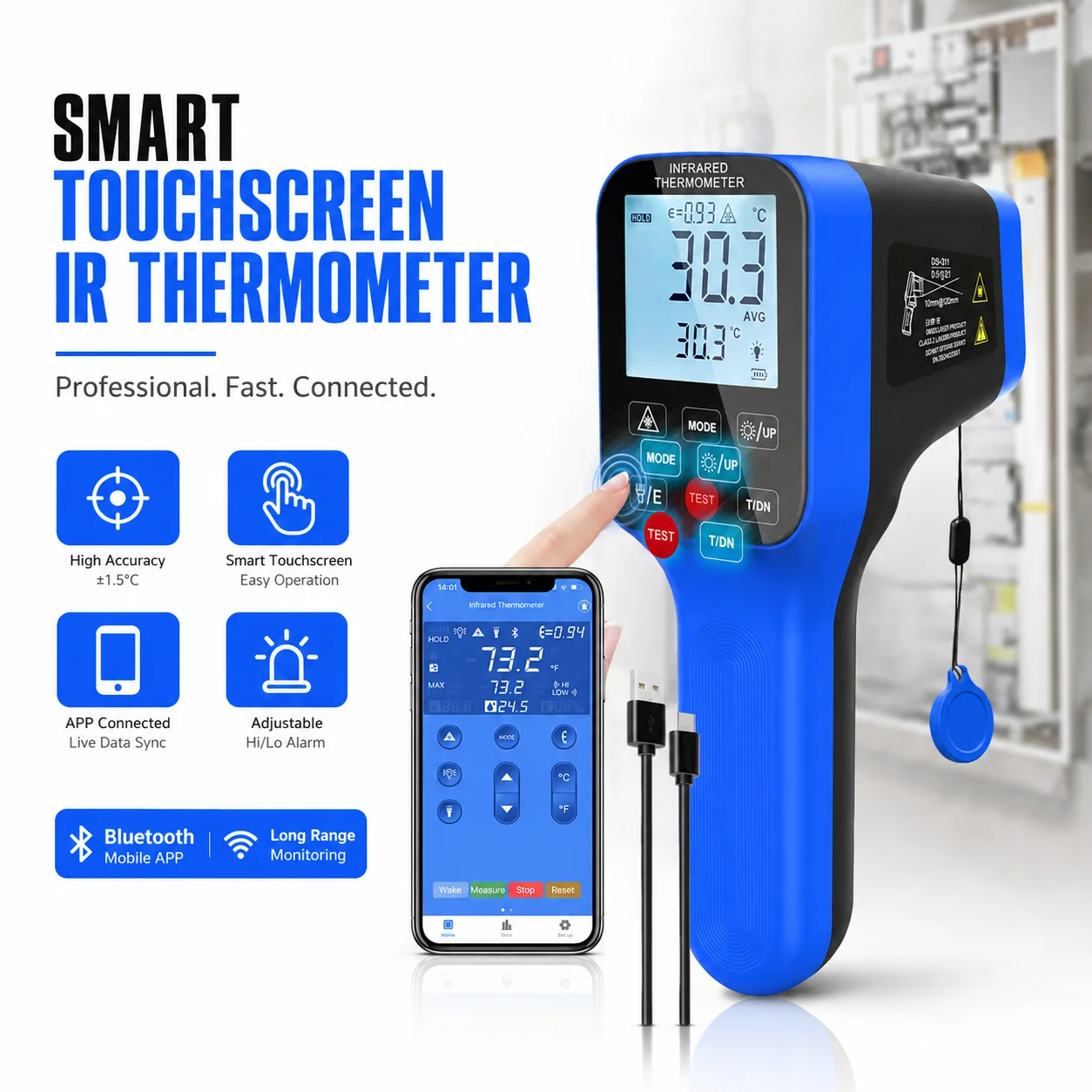 HoldPeak HP-1600APP Digital Infrared Thermometer Gun 30:1 Dual Laser -58°F~2912°F Data Logging for HVAC Kiln Forge Oven