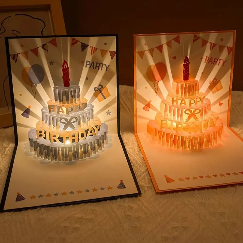 Happy Birthday 3D Music Glowing Cards Music Light Pop Up Glowing Cake Blessing Card Foldable with Envelope 3D Cake Greeting Card