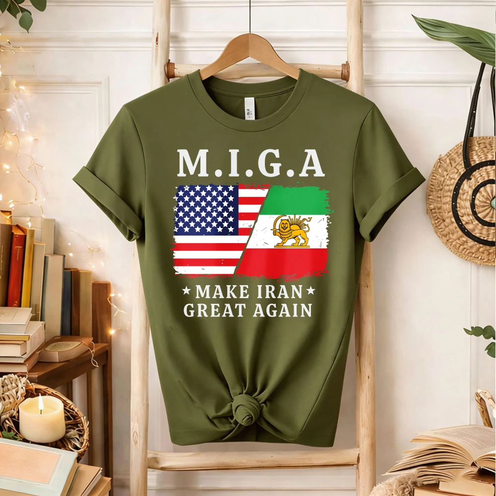 Men's MIGA Iran T-Shirt US & Persian Lion Flag Graphic Tee Make Iran Great Again Crewneck Patriotic Cotton Top for Cultural Tops