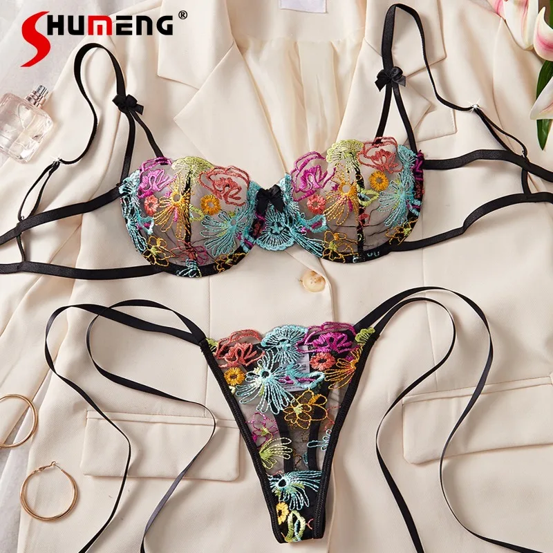 

Rainbow Color Embroidered Sexy Lingerie Bra Set Girls Underwire Push Up Hollow Out Underwear Women See Through Brief Suits