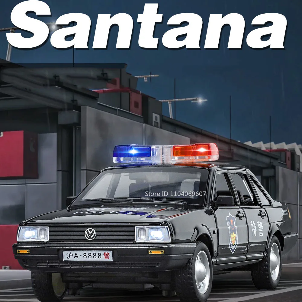 1:24 SANTANA Police Car Model Toys Miniature Alloy Diecast Coach Cars Shock Absorption with 6 Doors Opened Vehicles Kids Gifts