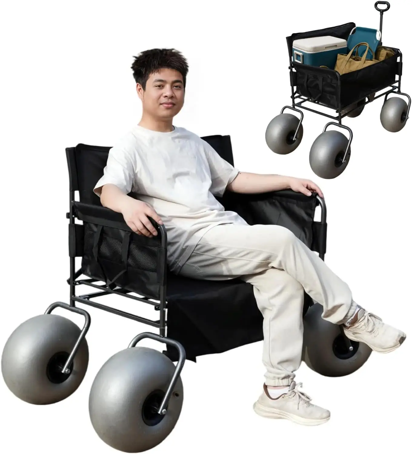 Wagon Chair with 13'' Balloon Wheels, Foldable Cart That Converts into a 2-Person Chair for Adults, 2-in-1 Wagon Bench Love Seat