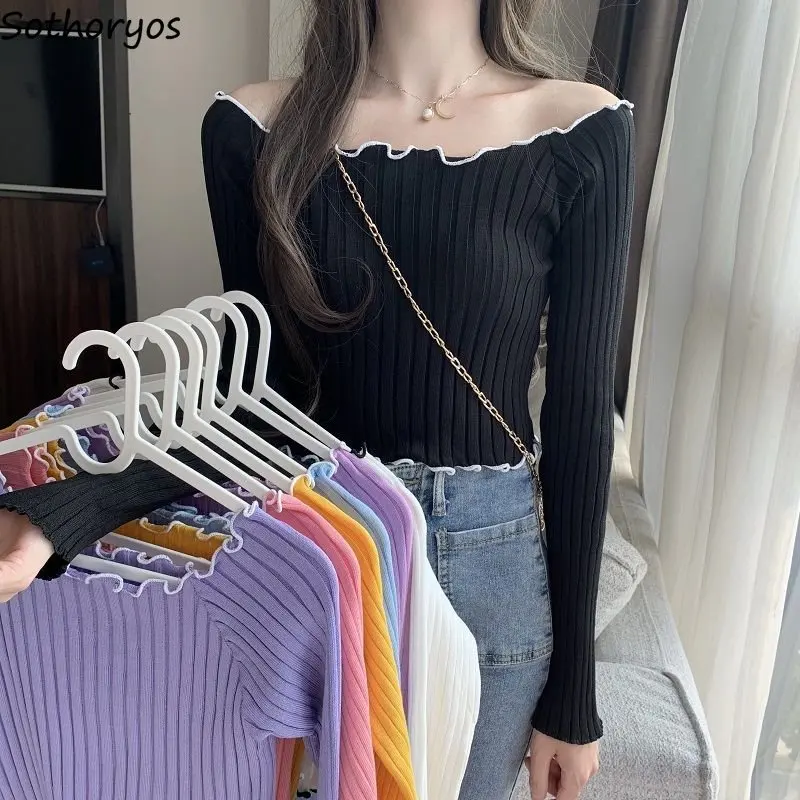 Pullovers Women Spring Korean Style Slash Neck Knitwear Ladies Ins Temperament Elegant Cropped Knitted  Long Sleeve Chic