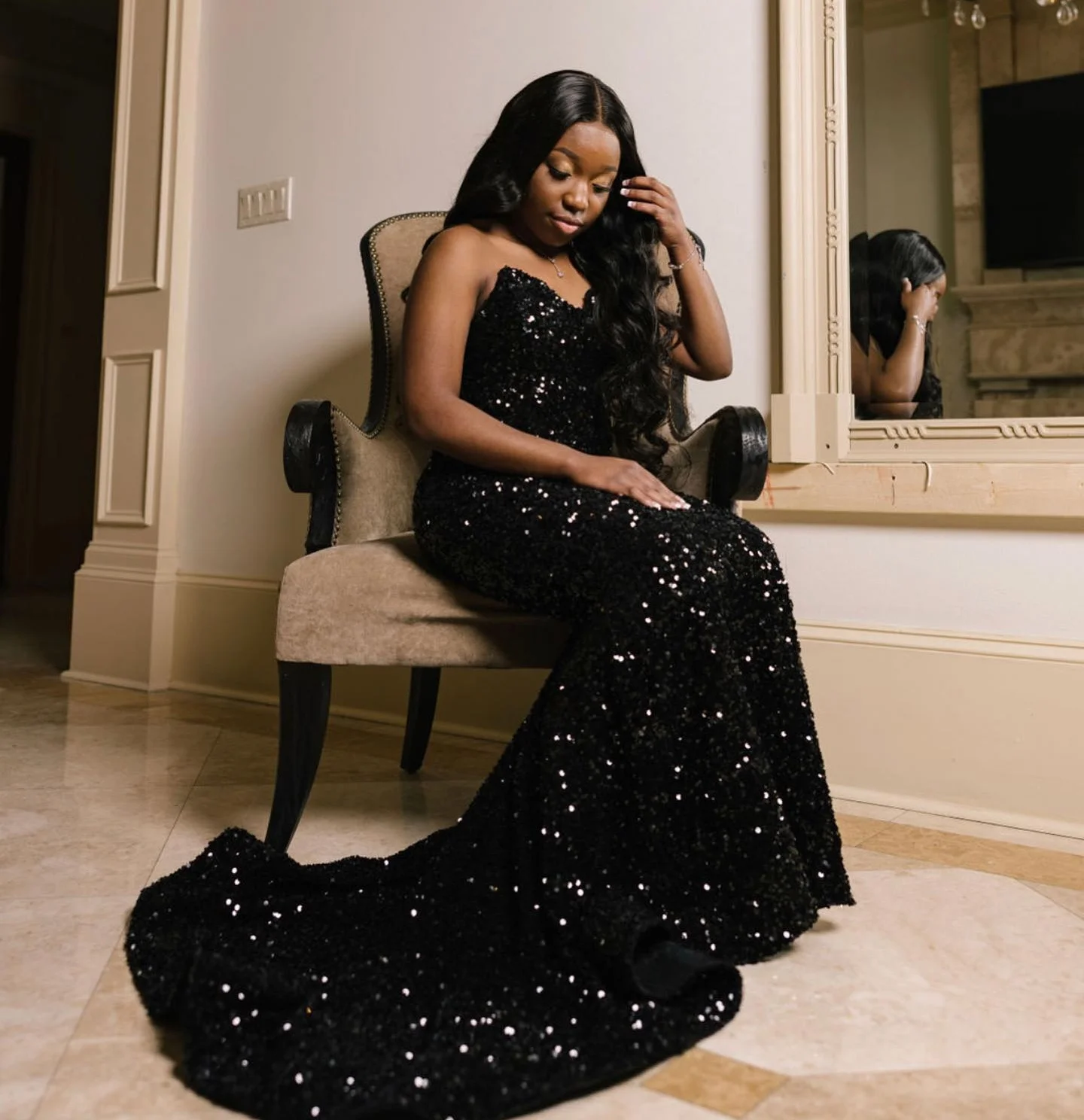 Robe de bal sirène noire à paillettes pour filles, longue robe formelle de soirée de remise de diplôme, sans manches, avec Gala personnalisé