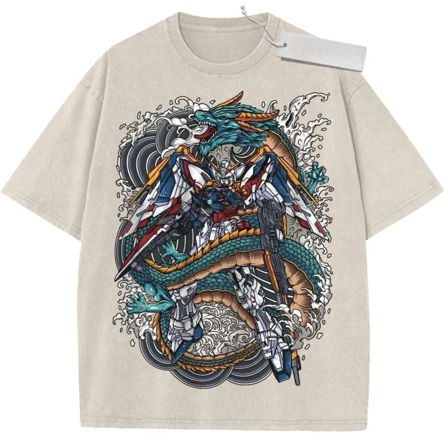 Vintage Washed Anime Oversized T-Shirt Weiß Gundam Dragon Grafik Streetwear Tee für Otaku Casual Daily Campus Home Wear