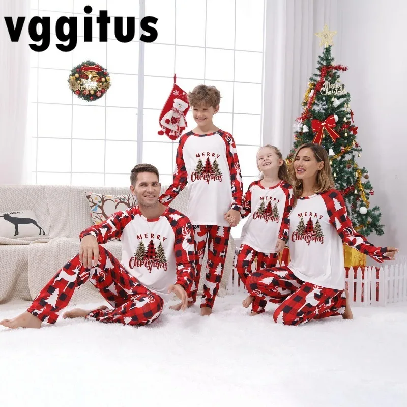 Christmas Home Wear Family Matching Outfits Christmas Tree Printed Plaid Parent-child Two-piece Family of Four Pajamas Sets E487