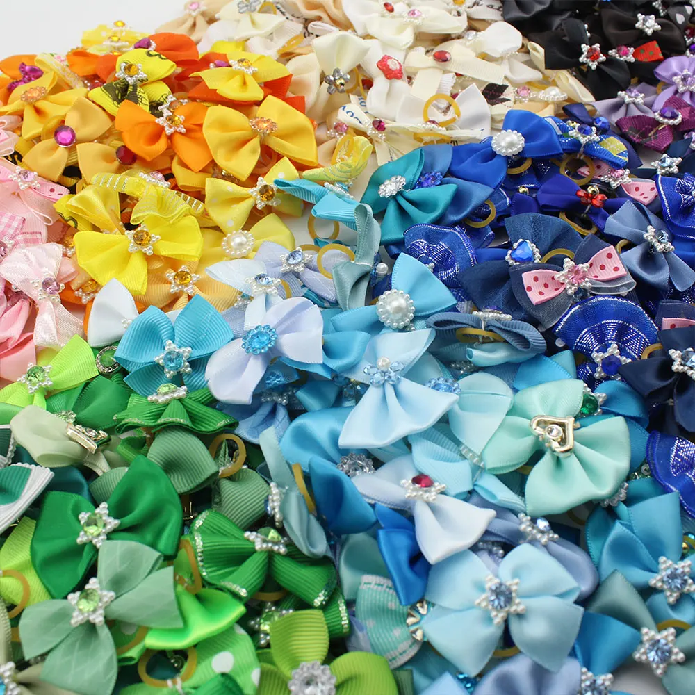 50/100Pcs Dog Hair Bows Pearl Diamond Bows Samll Dog Bowknot Pets Headwear Dogs Cat Grooming Girls Hair Accessories Wholesale