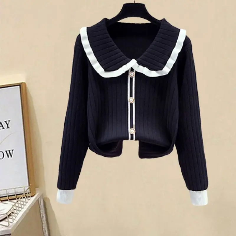 Women\'s Autumn Winter New Knitted Sweater Matching Set 2024 Korean Elegant Doll Collar Cardigan+black Mesh Dress Two-piece Suit