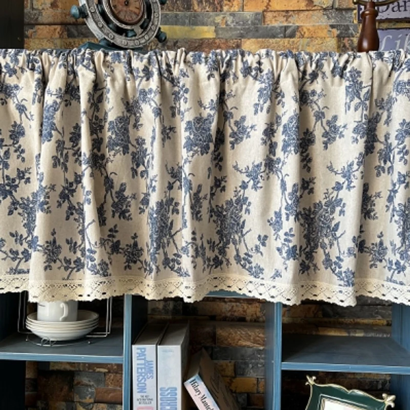 Linen Short Curtains Farmhouse Floral Pattern Cafe Curtains for Sink Kitchen Cabinet Curtains Bedroom Home Decor Window Valance