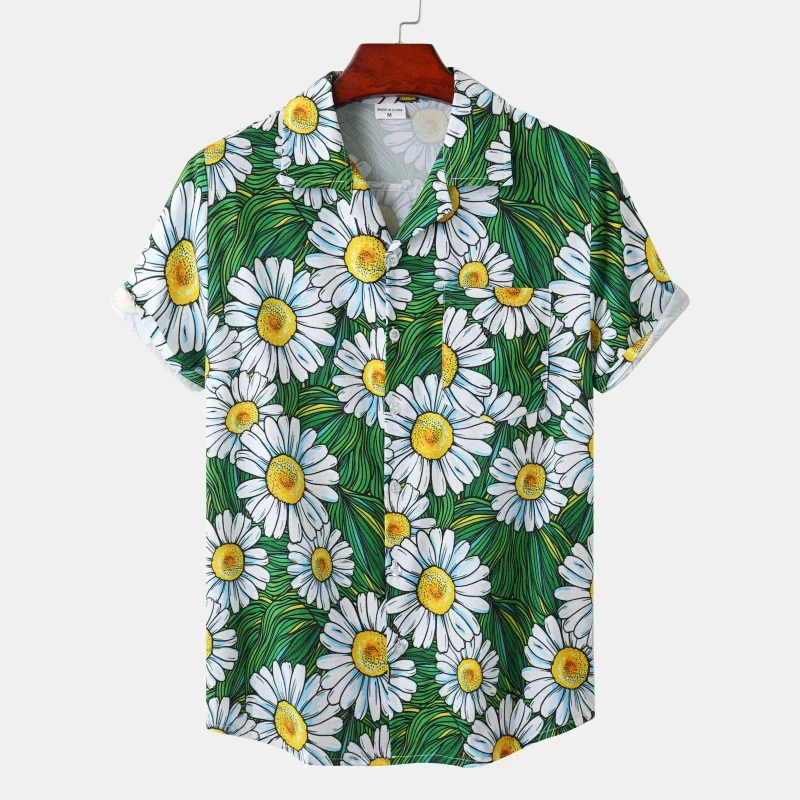 Korea Hot Sale Viral Men's Casual Hawaiian Shirt Full Print White Daisy Floral Short Sleeve Loose Daily Beach Vacation Shirt