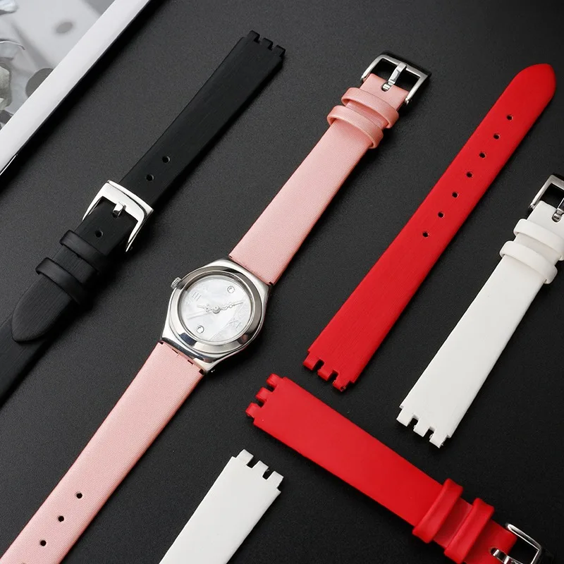 12mm Strap for Swatch Genuine Calf Leather Watch Band YSS306/LP131/LW143/LK292G Stainless Steel Clasp Women Business