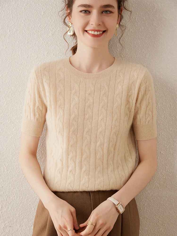High Quality 100% Cashmere Sweater Women's O-Neck Short Sleeve Pullover Spring Autumn Cashmere Knitwear T-shirt Female Clothing