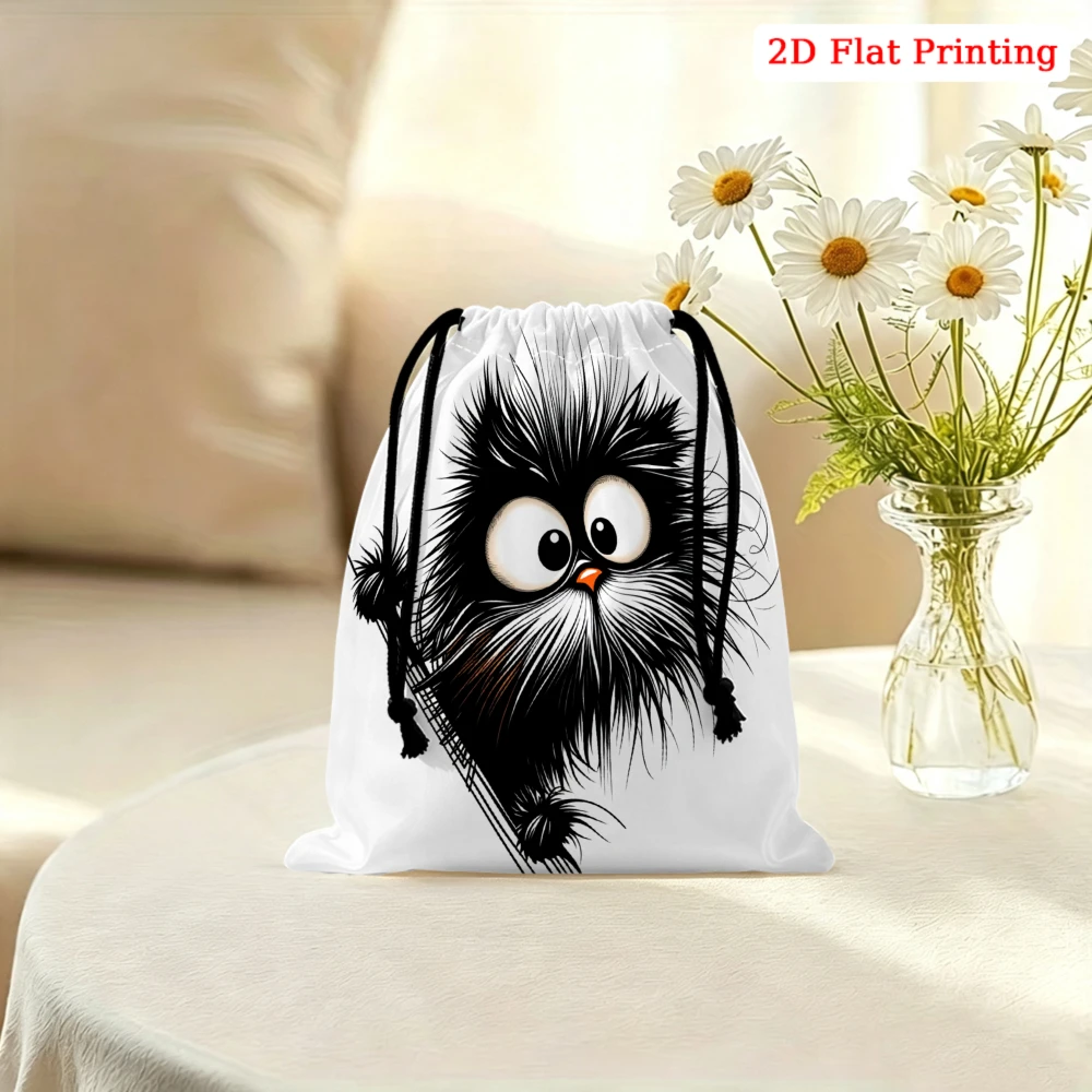 1pc Cartoon Style Drawstring Bag White Cute Black Furry Monster Print Storage Small Pouch For Glasses Cosmetics Travel Organizer