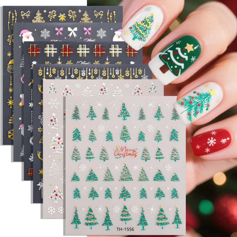 DIY Christmas Nail Stickers 3D Gold Glitter Christmas Tree Santa Claus Adhesive Nail Decals Decorations Press On Nails