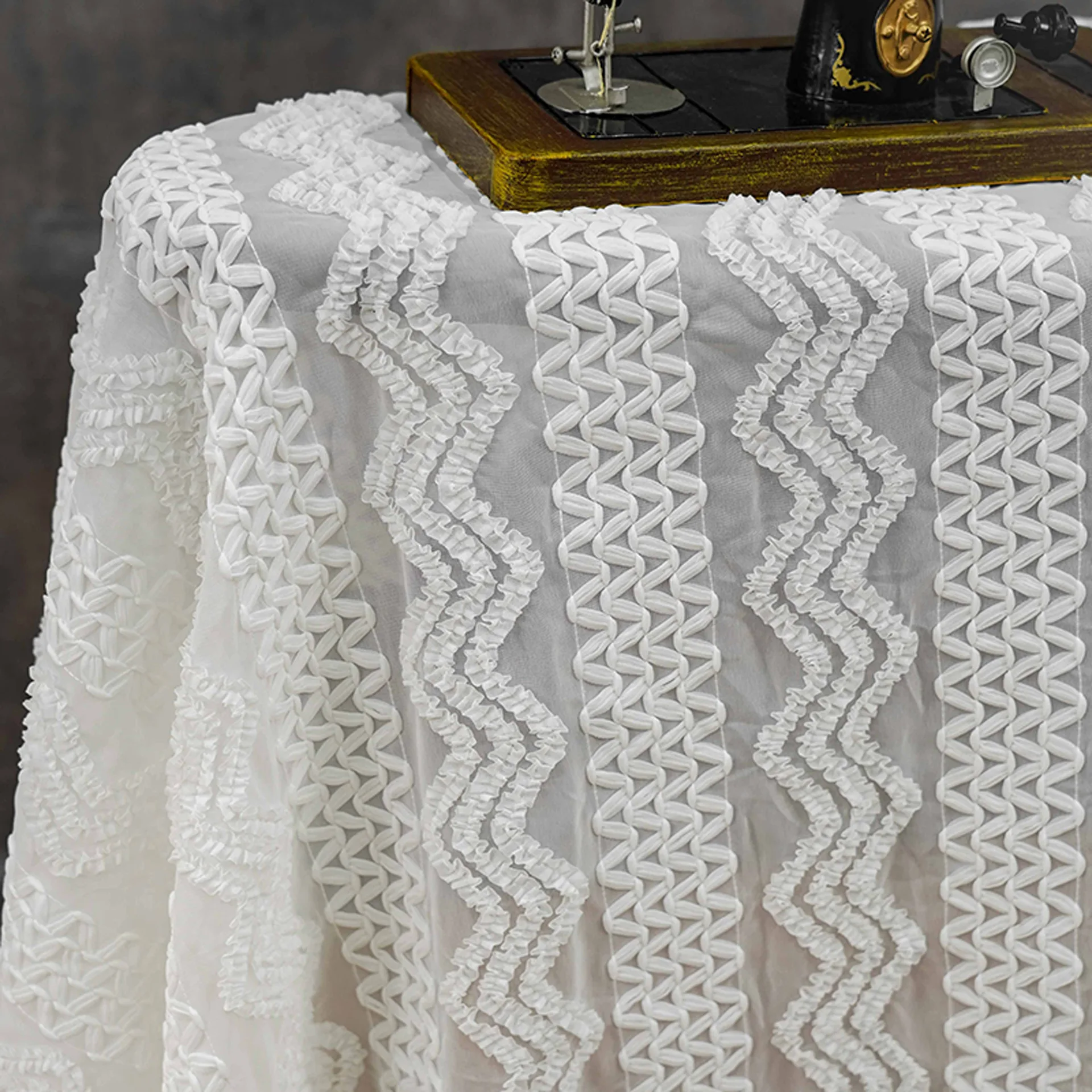 

Sweet style geometric 3D pleated lace embroidered fabric DIY elegant dress gown shirt chiffon fabric by meter