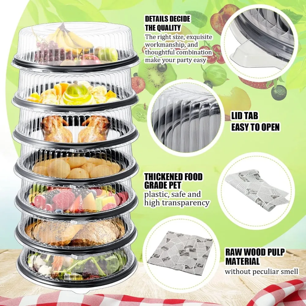 24 Pcs Catering Trays with Clear Lids and 48 Pcs Deli Wax Paper Sheets, Serving Trays Disposable Black Round Platters