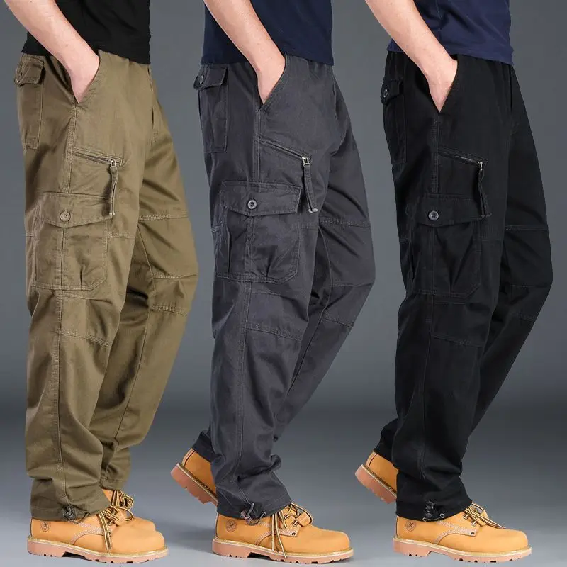 Men's Casual Cargo Pants Zipper Multi-Pocket Tactical Army Straight Loose Trousers Male Overalls Elastic Waist Pants