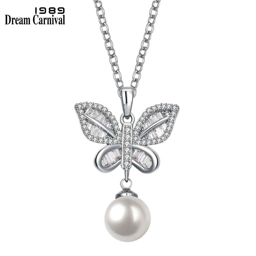 DreamCarnival1989 New Luxury Butterfly Pearl Pendant Necklace for Women Wedding Party Zircon Paved Lady Jewelry Wholesale WP6941