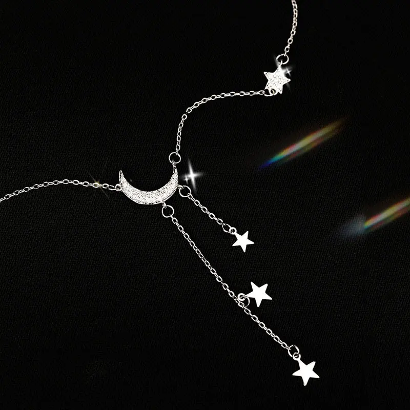 2023 Exquisite Bling Silver Color Tassel Star Moon Necklace For Women Clavicle Chain Woman Jewelry Birthday Gift Accessories