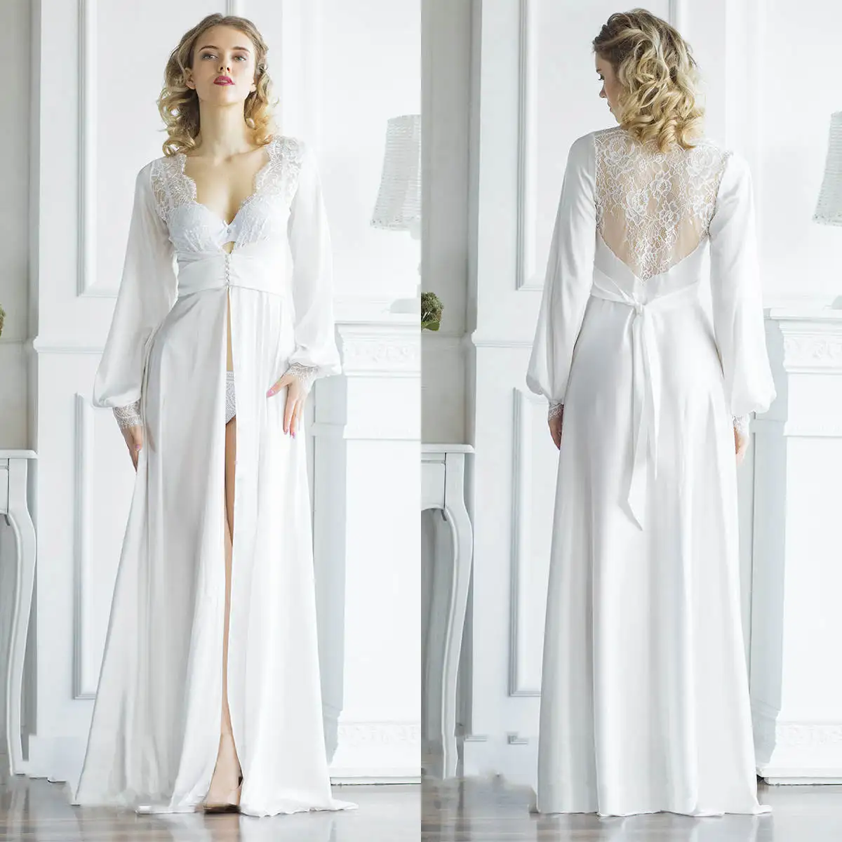 

Graceful Bride Robe Nightgown Appliques Long Sleeve Gowns Photo shoot Sleepwear Bathrobe Prom Bridesmaid Pajamas Custom Made