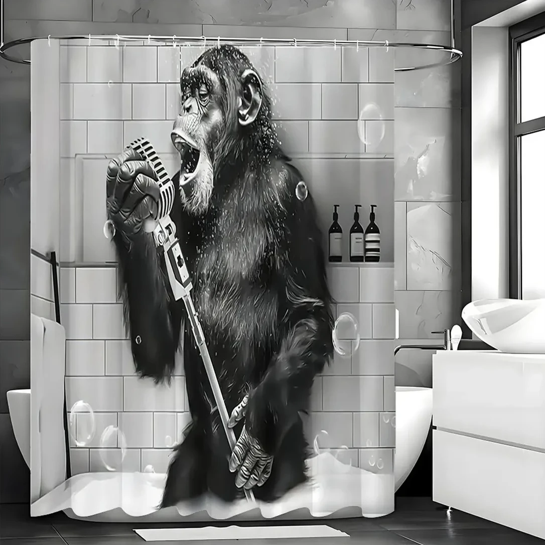 

Funny Gorilla Shower Curtain Black White Chimpanzee Monkey Singing Microphone Waterproof Fabric Bathroom Decoration with 12Hooks