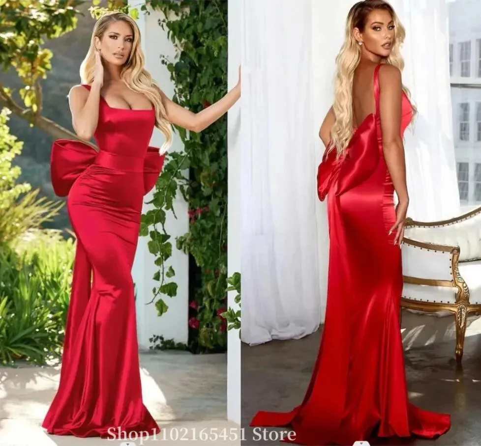 

Sexy Mermaid Prom Formal Dresses with Big Bow Backless Square Red Stain Backless Evening Occasion Reception Gowns Customized